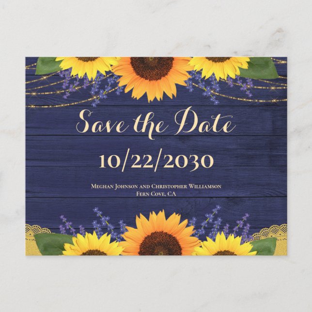 Rustic Navy Wood Sunflower Wedding Save the Date Postcard (Front)