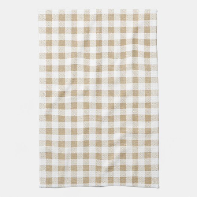 Rustic Neutral Beige Gingham Buffalo Plaid Tea Towel (Vertical)