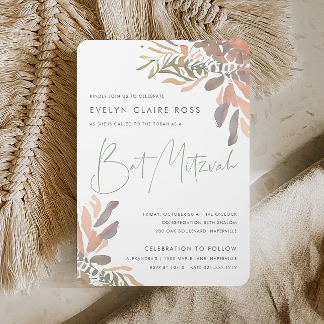 Rustic Neutral Boho Floral Bat Mitzvah Invitation (Creator Uploaded)