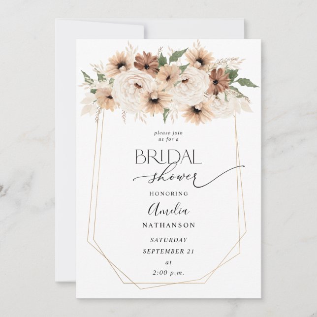 Rustic Neutral Boho Floral Bridal Shower Invitation (Front)