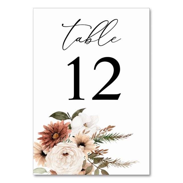 Rustic Neutral Boho Floral Table Number (Front)