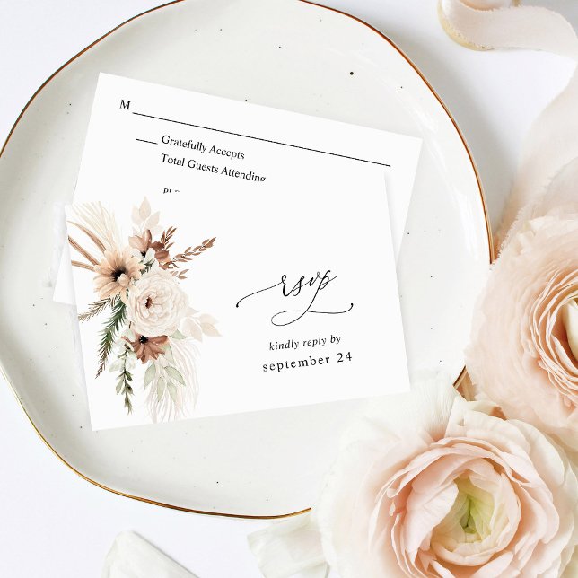 Rustic Neutral Boho Floral w Meal RSVP 2 Card (Creator Uploaded)