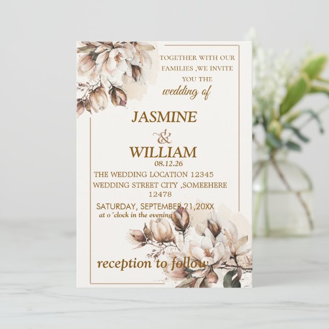 Rustic Neutral Boho Floral Wedding invitation (Standing Front)