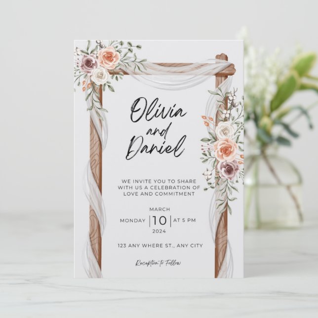 Rustic Neutral Boho Floral Wedding Invitation (Standing Front)