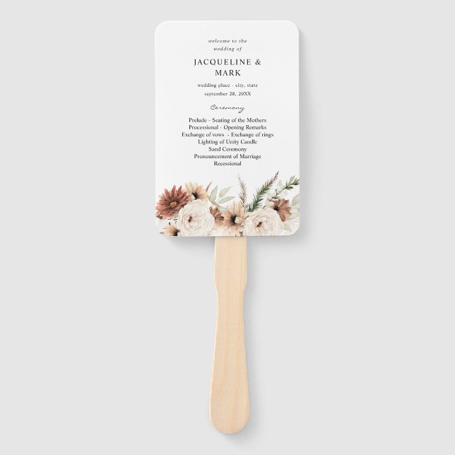 Rustic Neutral Boho Floral Wedding Program Hand Fan (Front)