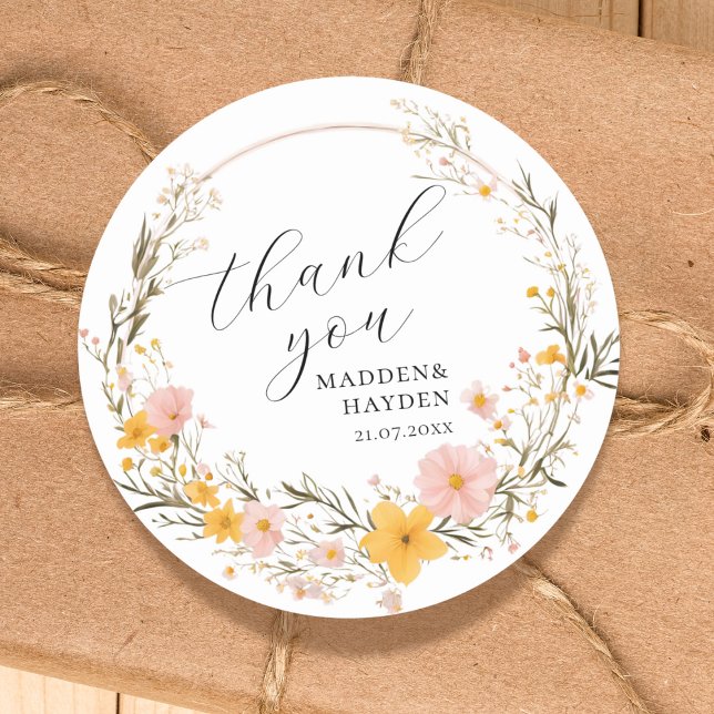 Rustic Neutral Boho Floral Wildflower Thank you Classic Round Sticker (Creator Uploaded)