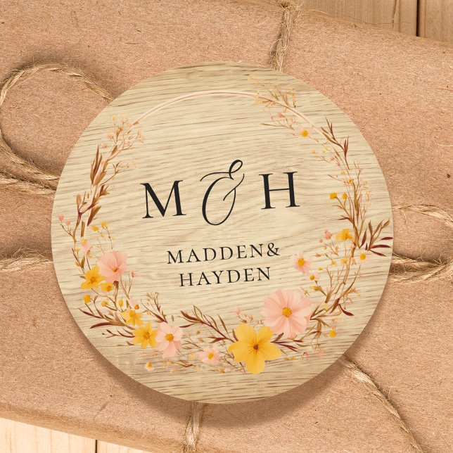 Rustic Neutral Boho Floral Wildflower Wood Look Classic Round Sticker (Creator Uploaded)