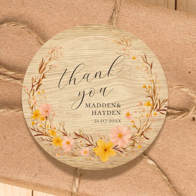 Rustic Neutral Boho Floral Wildflower Wood Look Classic Round Sticker (Creator Uploaded)