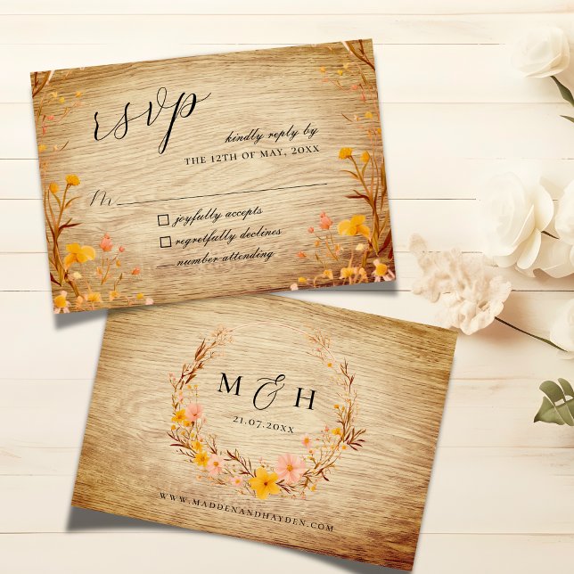 Rustic Neutral Boho Floral Wildflower Wood Look RSVP Card (Creator Uploaded)