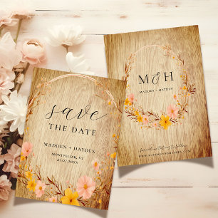 Rustic Neutral Boho Floral Wildflower Wood Look Save The Date