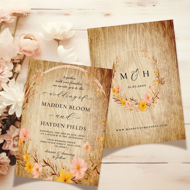 Rustic Neutral Boho Floral Wildflower Wood Wedding Invitation (Creator Uploaded)