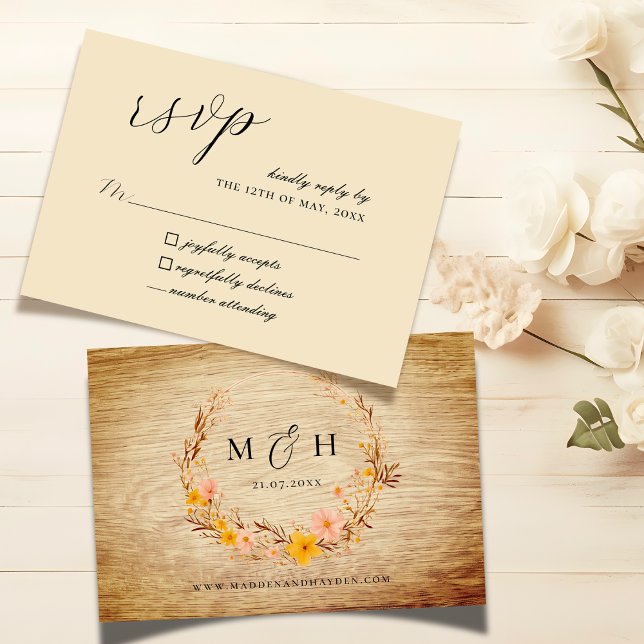 Rustic Neutral Boho Wildflower Wreath Wood Look RSVP Card (Creator Uploaded)