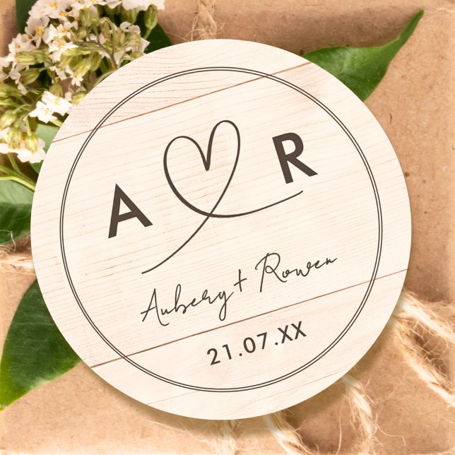 Rustic Neutral Boho Wood Look Cute Script Heart Classic Round Sticker (Creator Uploaded)