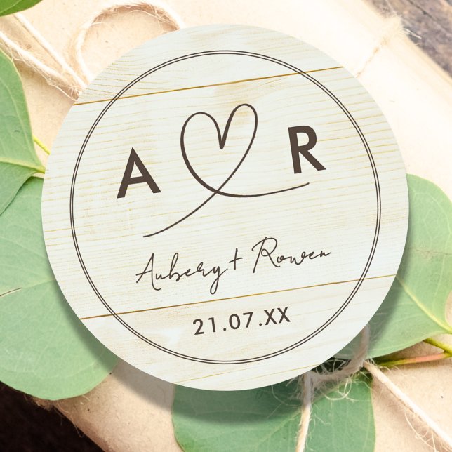 Rustic Neutral Boho Wood Look Cute Script Heart Classic Round Sticker (Creator Uploaded)