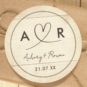 Rustic Neutral Boho Wood Look Cute Script Heart Classic Round Sticker