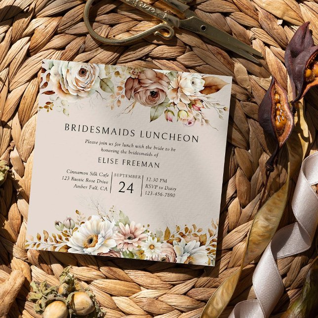 Rustic Neutral Brown Floral Bridesmaids Luncheon Invitation (Bridesmaids Luncheon invite from the Rustic Floral Brown Neutral Wedding Collection by Darling & May)