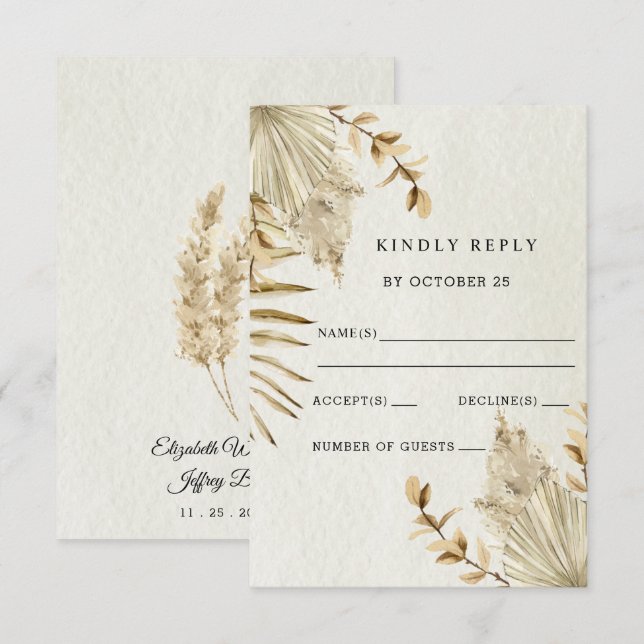 Rustic Neutral Earthy Boho Pampas Grass Wedding RSVP Card (Front/Back)