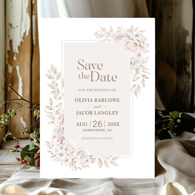 Rustic Neutral Floral Wedding Save the Date Invitation (Creator Uploaded)