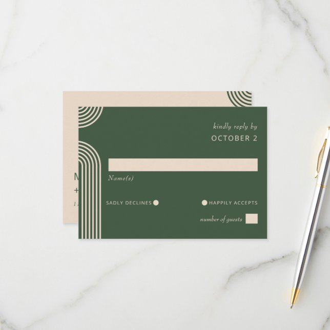 Rustic Neutral Green Arched Modern Wedding RSVP Card (Front/Back In Situ)