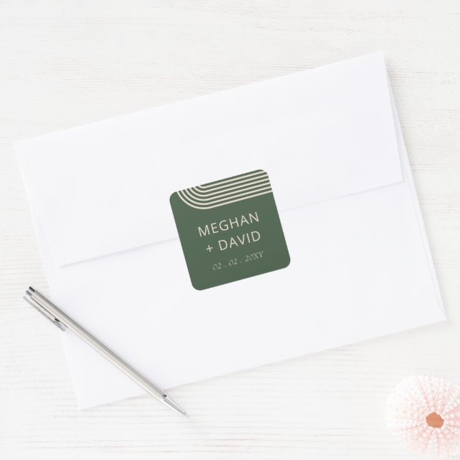 Rustic Neutral Green Arched Modern Wedding Square Sticker (Envelope)
