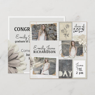 Rustic Neutral Ivory Floral Photo Graduation Girl Announcement