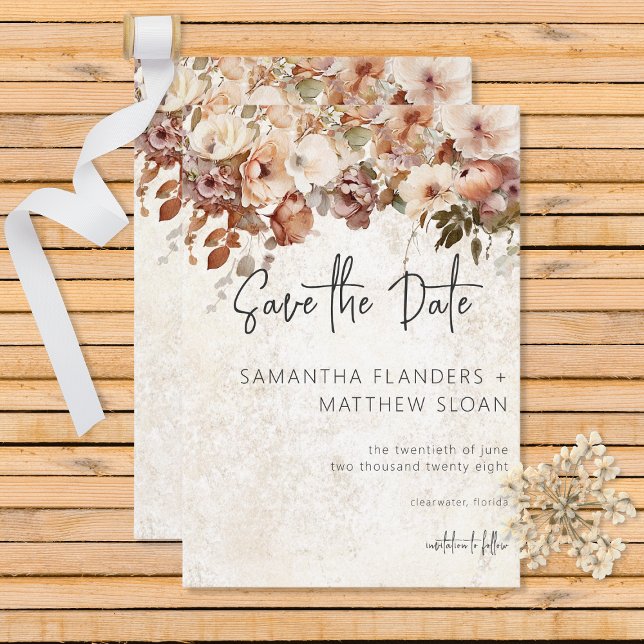 Rustic Neutral & Pink Floral Drop Save The Date (Creator Uploaded)