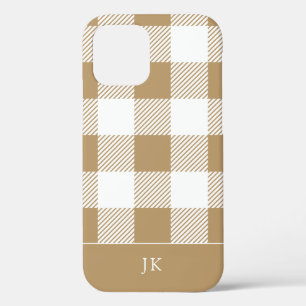 Rustic Neutral Plaid Pattern Monogram iPhone 12 Case