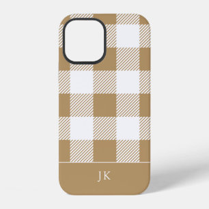 Rustic Neutral Plaid Pattern Monogram iPhone 12 Case