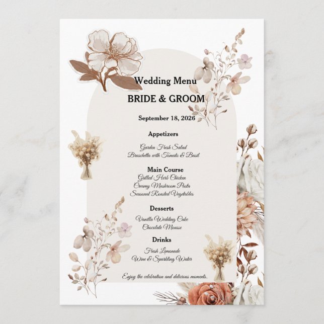 Rustic Neutral Wedding Menu Design (Front)