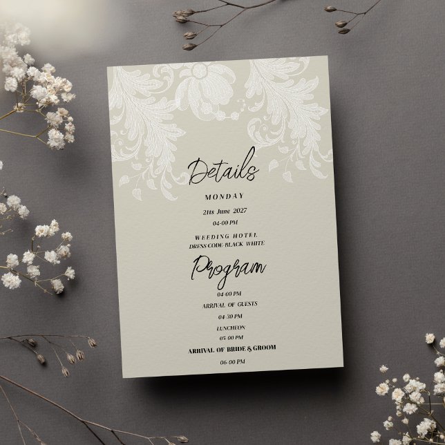 Rustic neutral white floral lace Details Program Invitation (Rustic neutral white floral lace Details Program)
