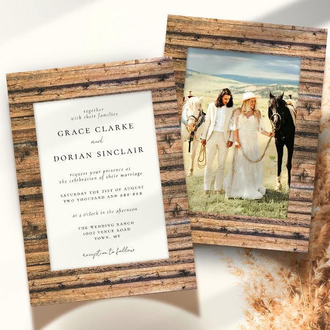 Rustic Neutral Wood Frame Boho Photo Wedding Invitation (Creator Uploaded)