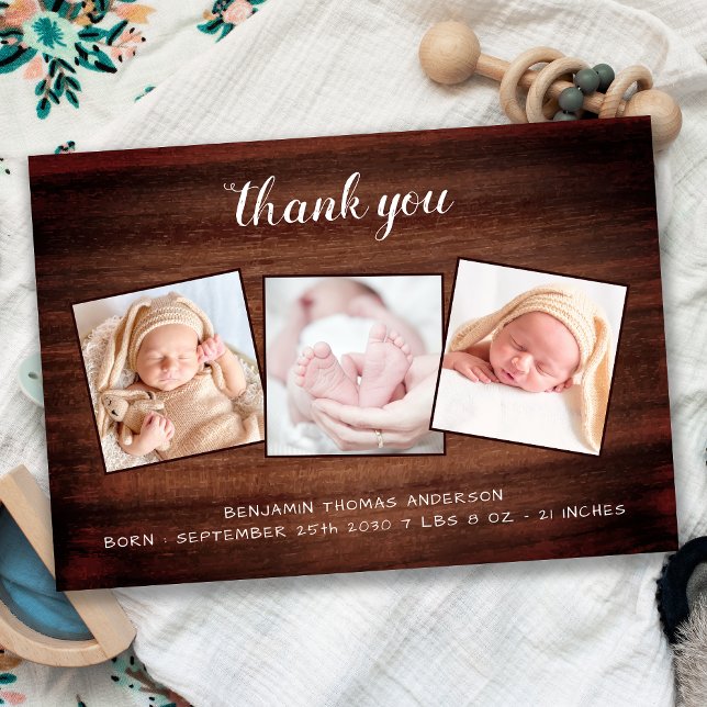 Rustic New Baby 3 Photo County Wood Baby Shower Thank You Card (Creator Uploaded)