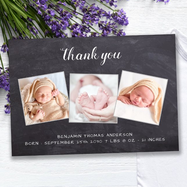 Rustic New Baby Chalkboard 3 Photo Baby Shower Thank You Card (Creator Uploaded)