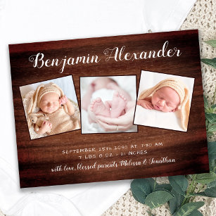 Rustic New Baby Country Wood 3 Photo Birth Announcement Postcard