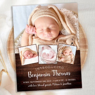 Rustic New Baby Custom 4 Photo Birth Announcement Postcard