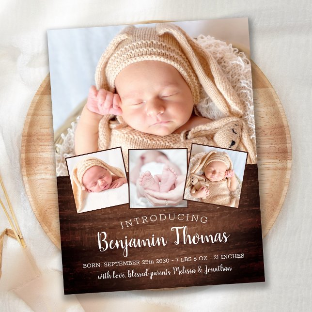 Rustic New Baby Personalised 4 Photo Collage Birth Announcement Postcard (Creator Uploaded)