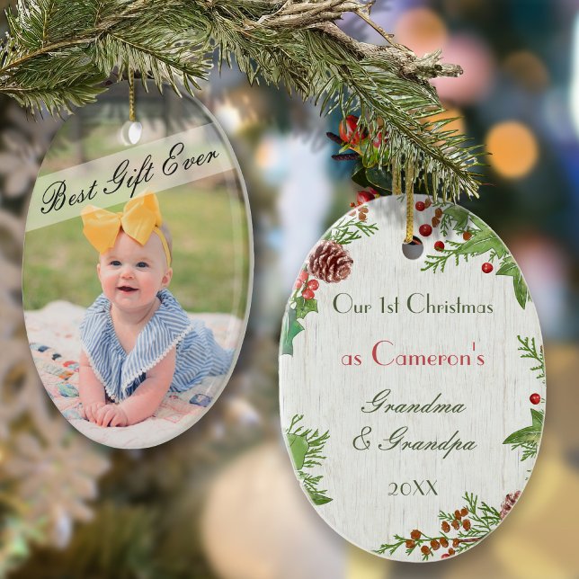 Rustic New Grandparents 1st Christmas Photo  Ceramic Tree Decoration (Creator Uploaded)