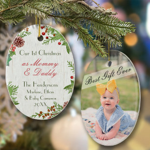 Rustic New Mum & Dad 1st Christmas Photo Ceramic Tree Decoration