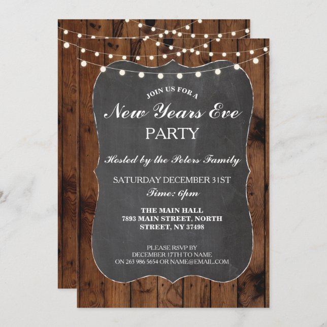 Rustic New Years Eve Wood & Chalk Invite (Front/Back)
