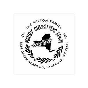 rustic new york merry christmas return address rubber stamp