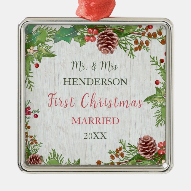 Rustic Newlyweds 1st Christmas Milestone Keepsake Metal Tree Decoration (Front)