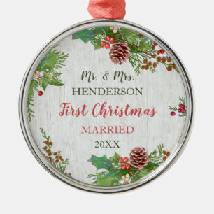 Rustic Newlyweds First Christmas Milestone Metal Tree Decoration