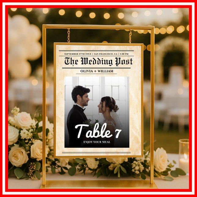Rustic Newspaper Wedding Table Number with Photo (Creator Uploaded)