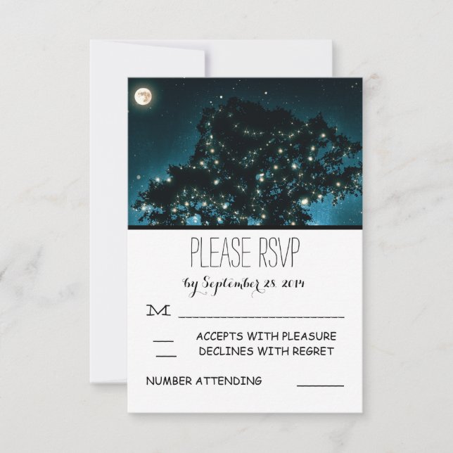 Rustic Night Lights Tree Wedding RSVP Cards (Front)
