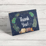 Rustic Night Sky Woodland Animals Baby Shower Than Thank You Card<br><div class="desc">Rustic baby shower folded thank you card with a cute watercolor of woodland animals (fox, bear and squirrel) with their tent camping in the mountains and forest, an overlay of gold stars and moon in a nighttime sky and "Thank You" in large white script. On the inside, add your customized...</div>