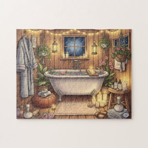 Rustic Night Spa Cozy Bathhouse Candles & Flowers Jigsaw Puzzle