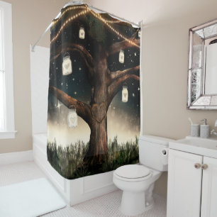 Rustic Night Tree with Lights & Mason Jars Shower Curtain