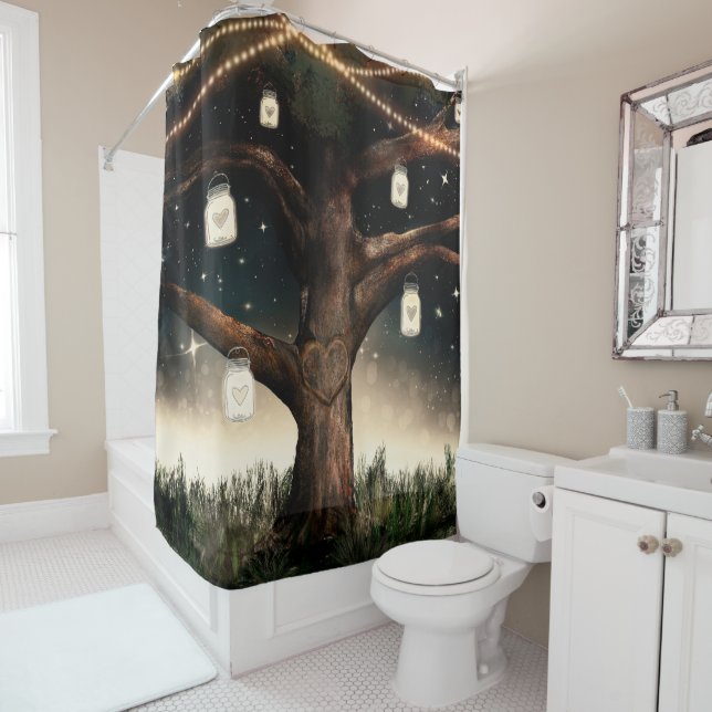 Rustic Night Tree with Lights & Mason Jars Shower Curtain (In Situ)
