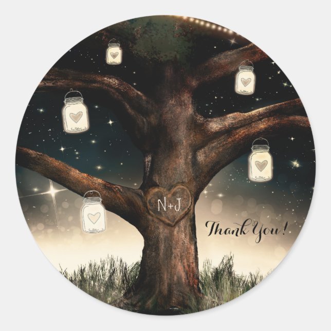 Rustic Night Tree with Lights & Mason Jars Wedding Classic Round Sticker (Front)
