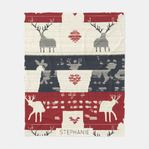 Rustic Nordic Reindeer & Snowflake Knit Pattern Fleece Blanket
